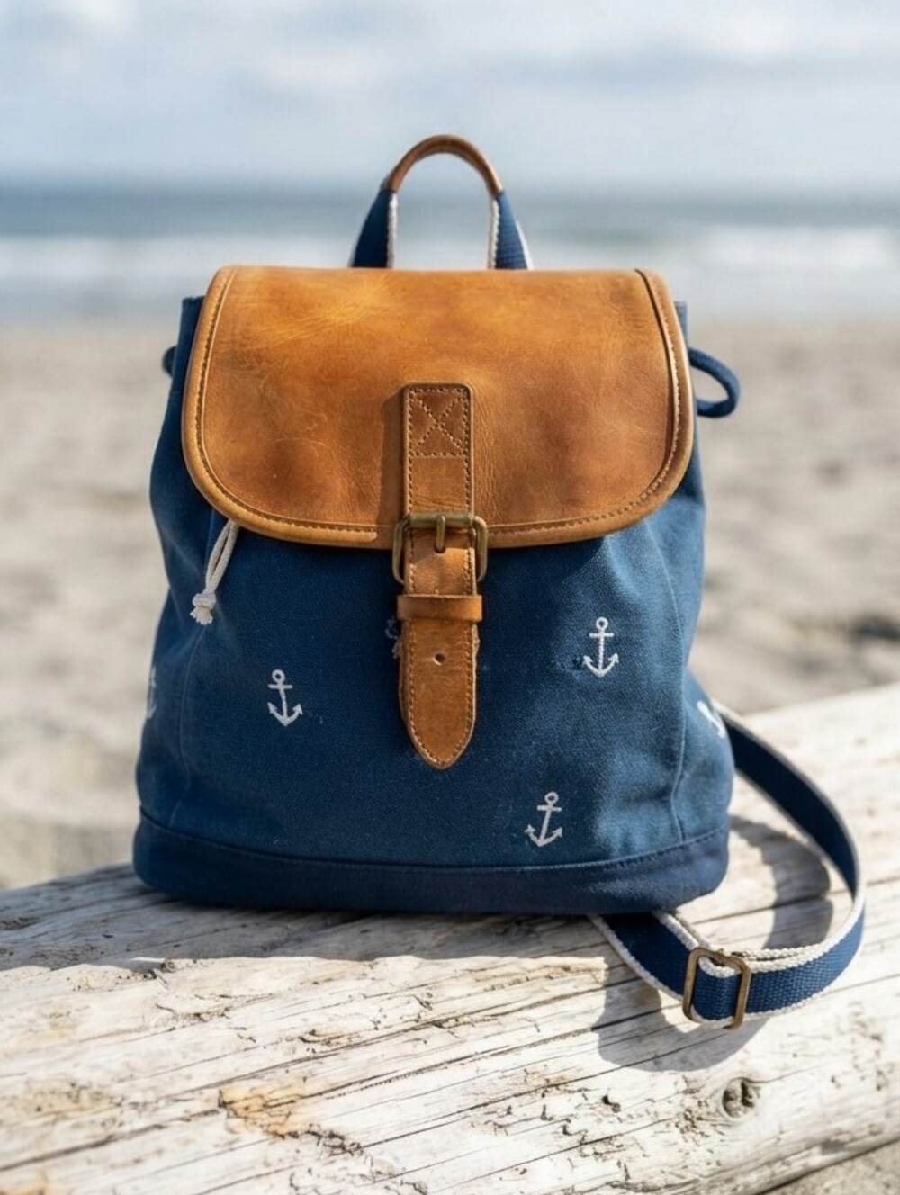 L.L. Bean Vintage Canvas & Leather Backpack Small Anchor Pattern Nautical Boho